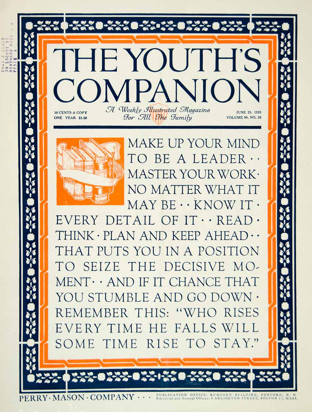1925 Cover Youth's Companion Leadership Hard Work Quotation Roaring YYC5