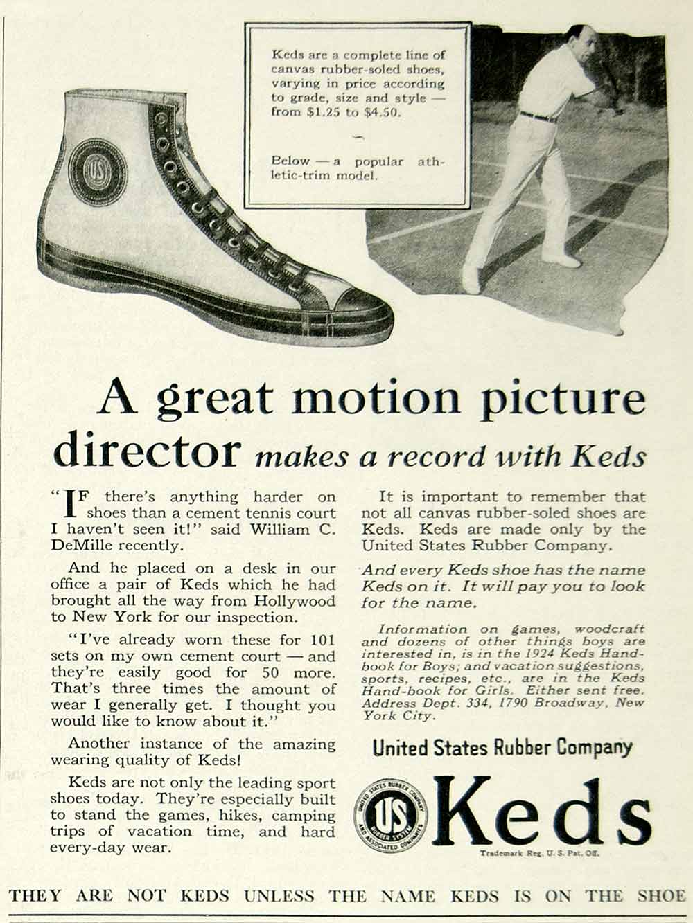 1924 Ad United States Rubber Keds Tennis Shoe William C DeMille Clothing YYC5