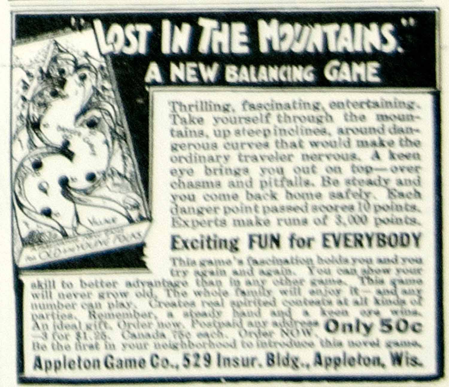 1924 Ad Appleton Board Game Lost In The Mountains Childrens Toy Roaring YYC5