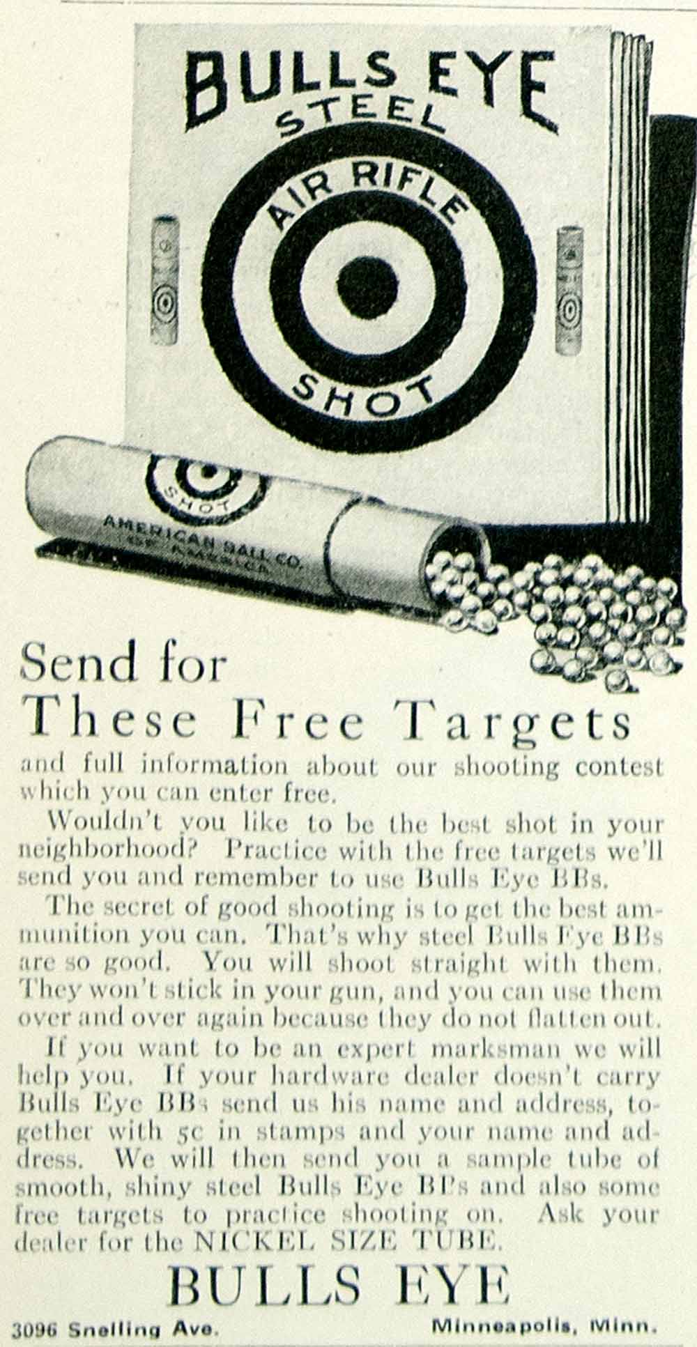 1924 Ad American Ball Bulls Eye Air Rifle BB Gun Shot Ammunition Sporting Goods