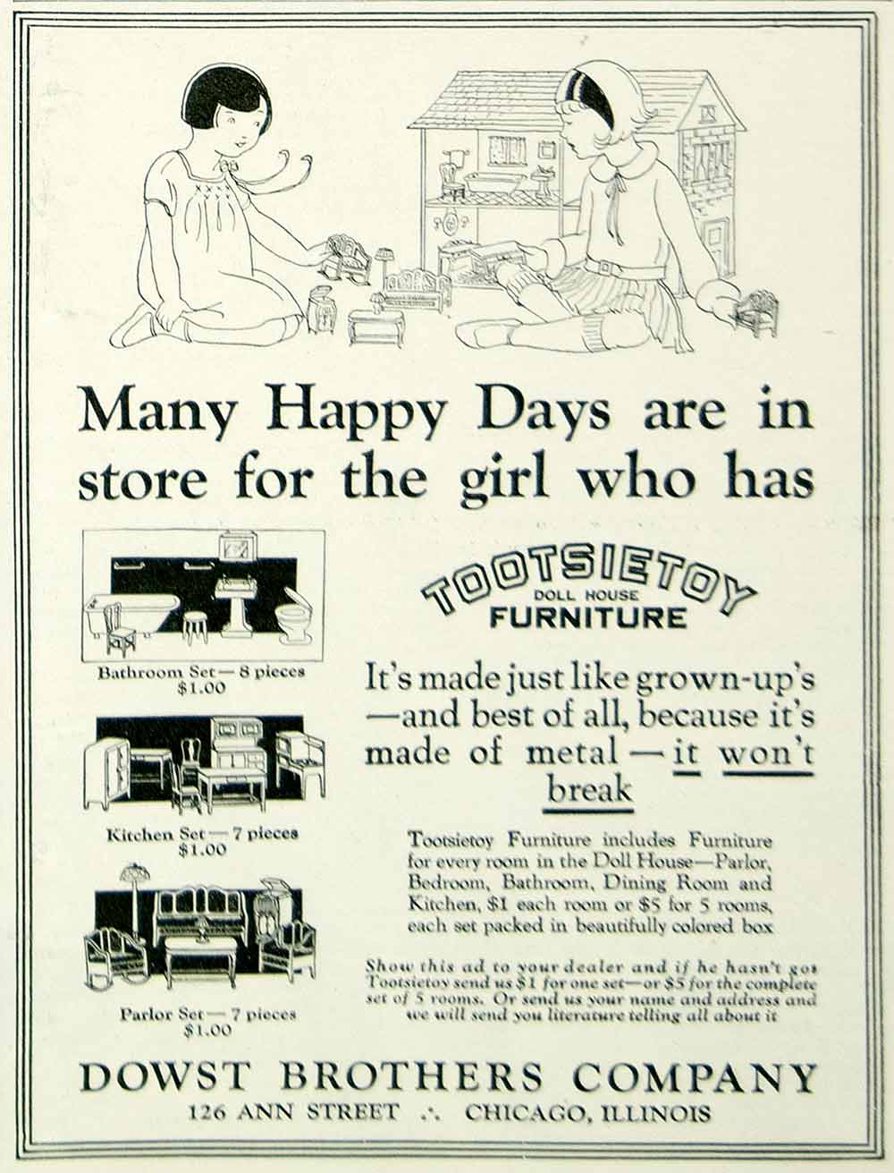 1924 Ad Dowst Bros Tootsietoy Doll House Furniture Children Toy Roaring Twenties