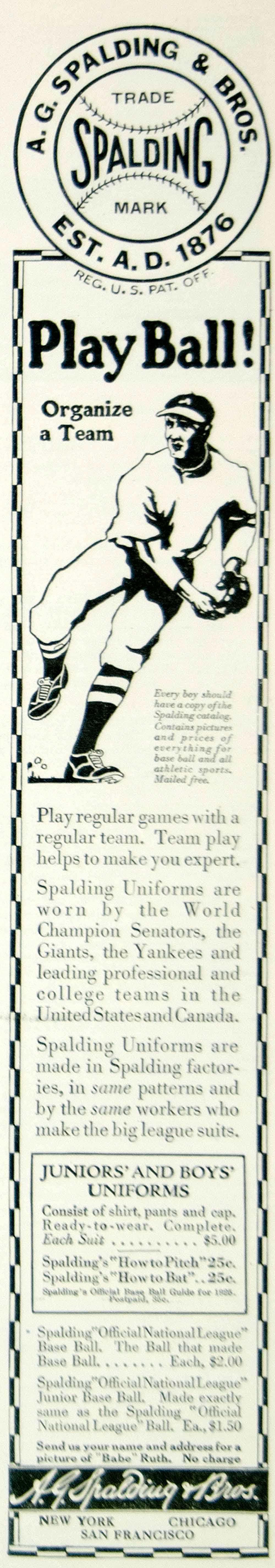 1925 Ad AG Spalding Childrens Baseball Uniforms Sporting Goods Roaring Twenties