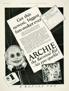 1924 Ad Vintage Ronson Toy Archie Karnival Kid Mask Mardi Gras Costume Carnival