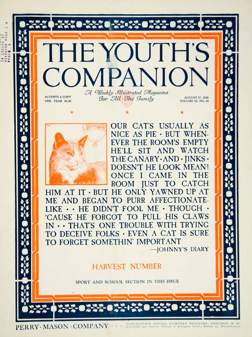 1925 Cover Youths Companion Kitty Cat Pets Art Quotation Roaring Twenties YYC6