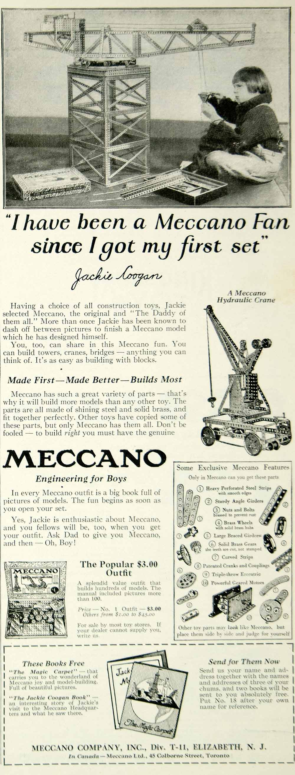 1925 Ad Meccano Children's Building Toys Jackie Coogan Child Actor Movie YYC6