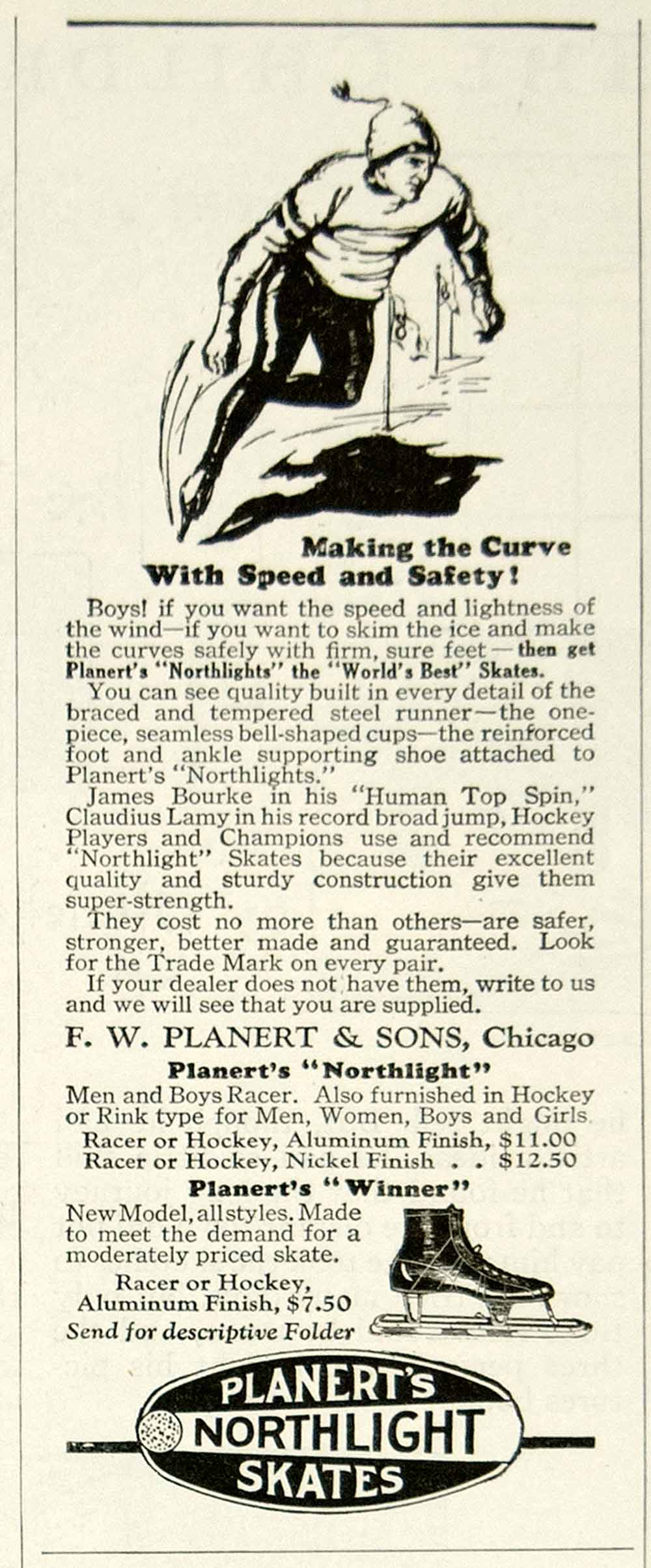 1925 Ad FW Planert & Sons Northlight Winner Ice Skates Sporting Goods Snow YYC6
