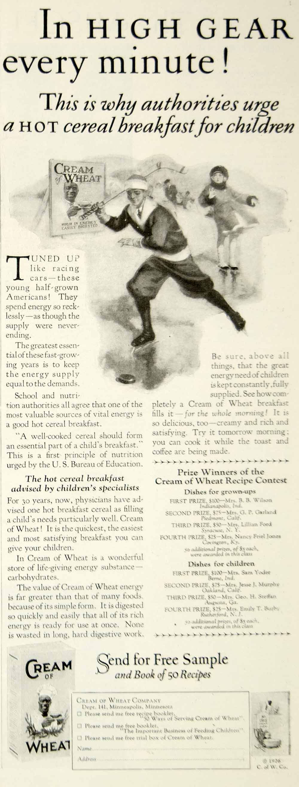 1926 Ad Cream of Wheat Breakfast Cereal Children Ice Hockey Sports Food YYC6