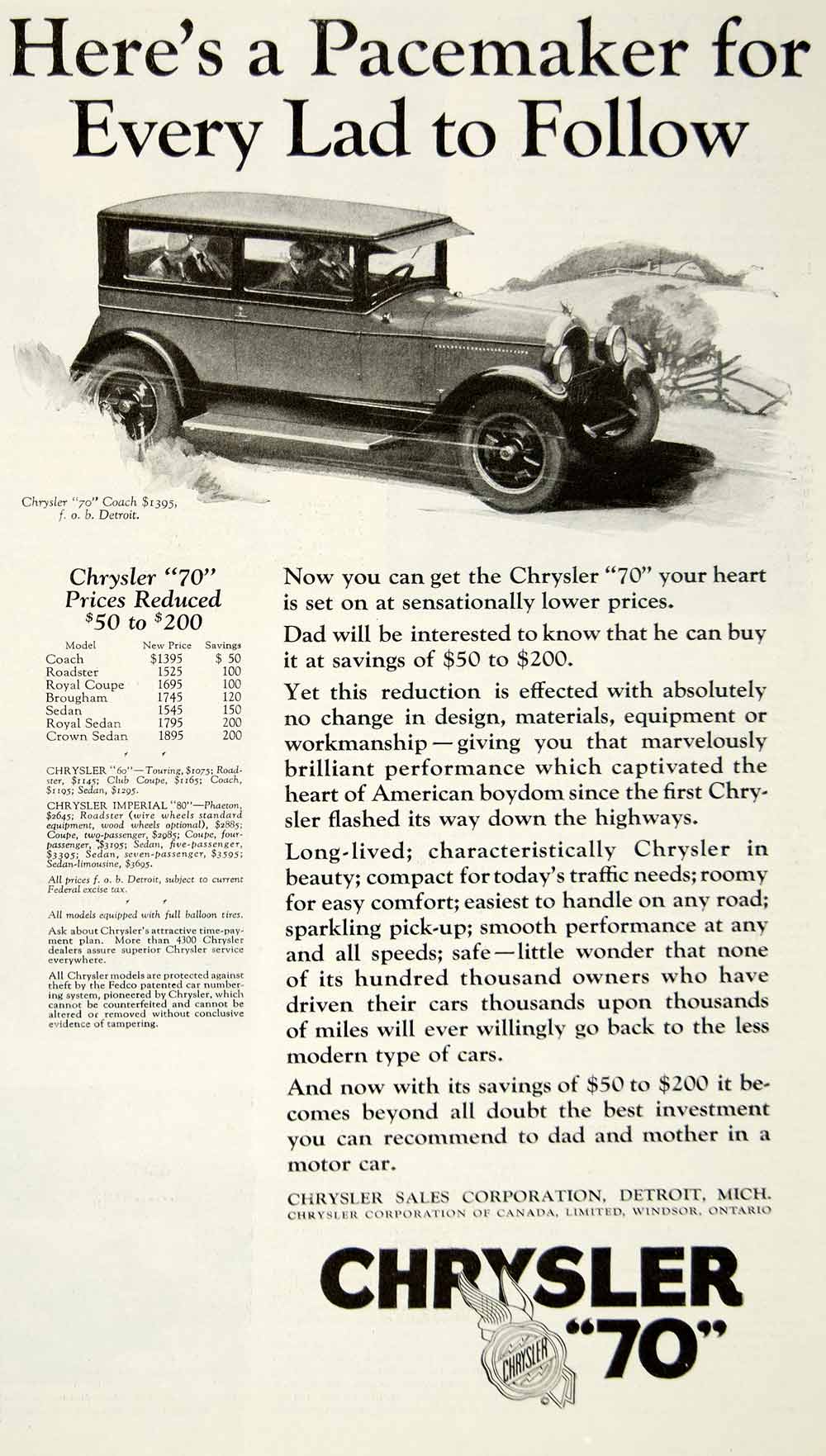 1926 Ad Chrysler Model 70 Coach Car Classic Automobile Roaring Twenties Era YYC6