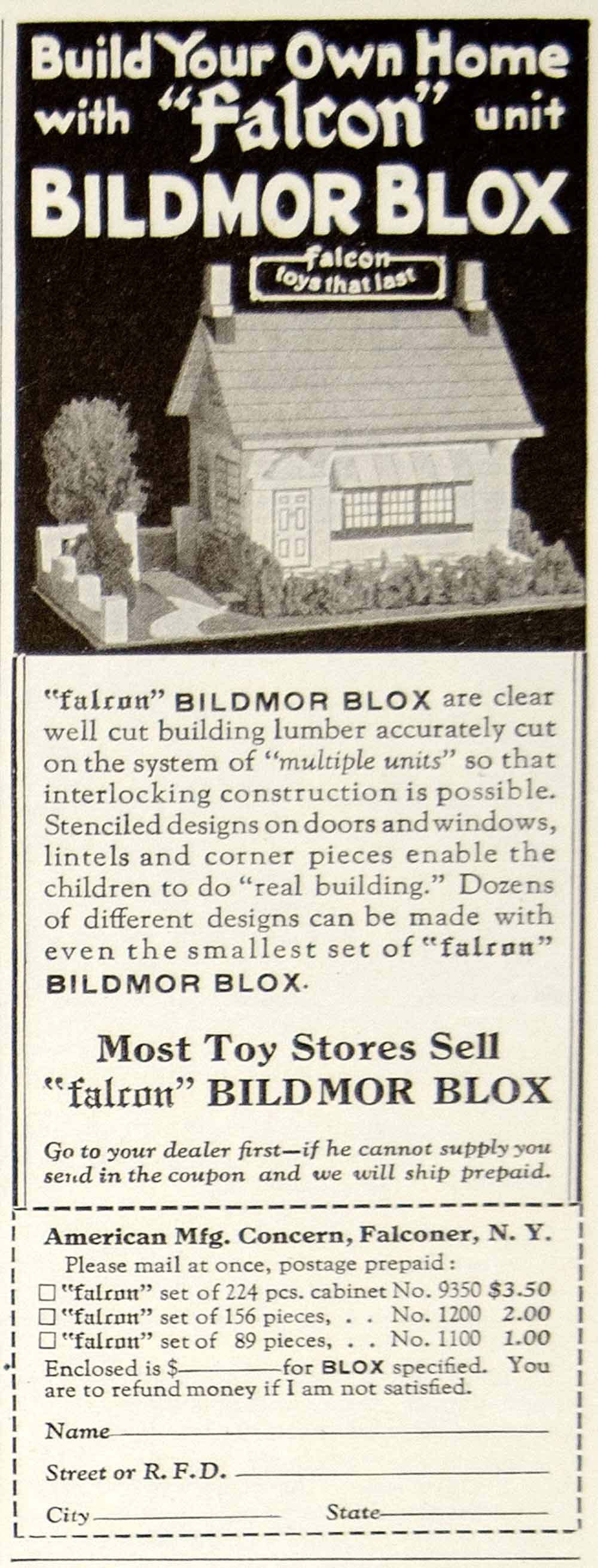 1926 Ad Falcon Bildmor Blox Children's Kids Toy Roaring Twenties Building YYC6
