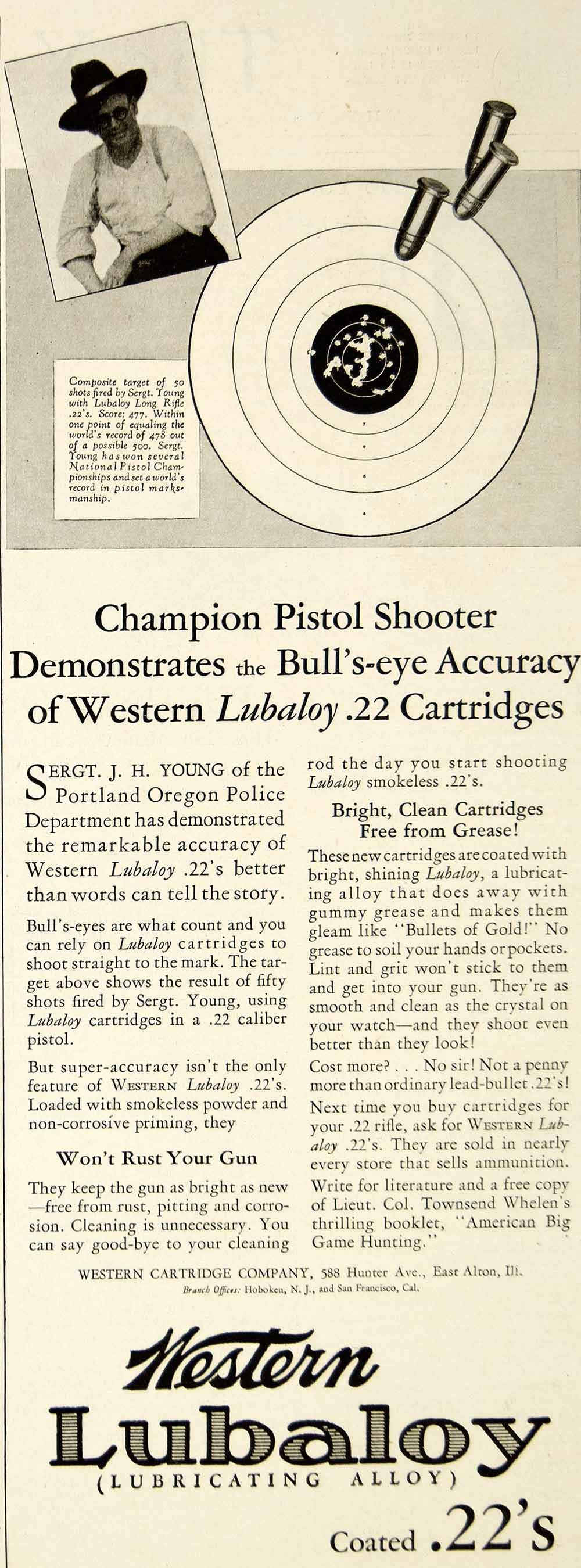 1929 Ad Western Cartridge .22 Lubaloy Rifle Ammo Sgt JH Young Bullseye Gun YYC6