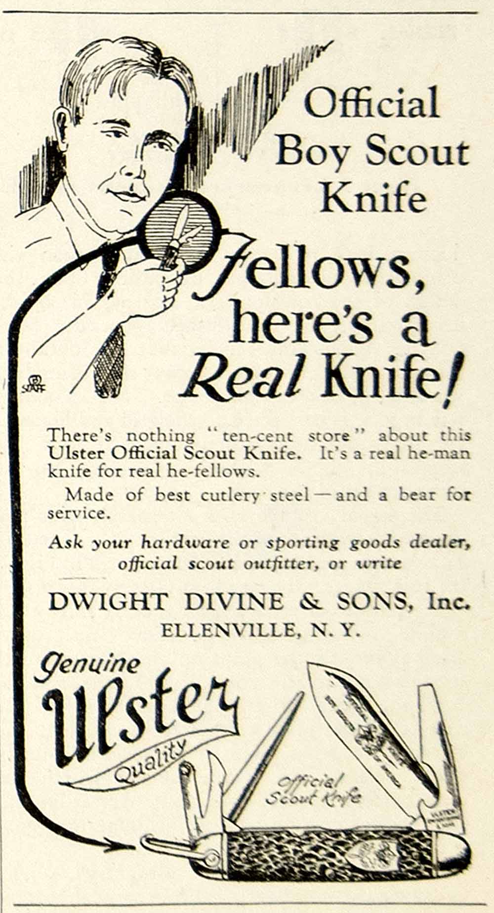 1929 Ad Dwight Divine Ulster Boy Scout Pocketknife Camping Hunting Fishing YYC6