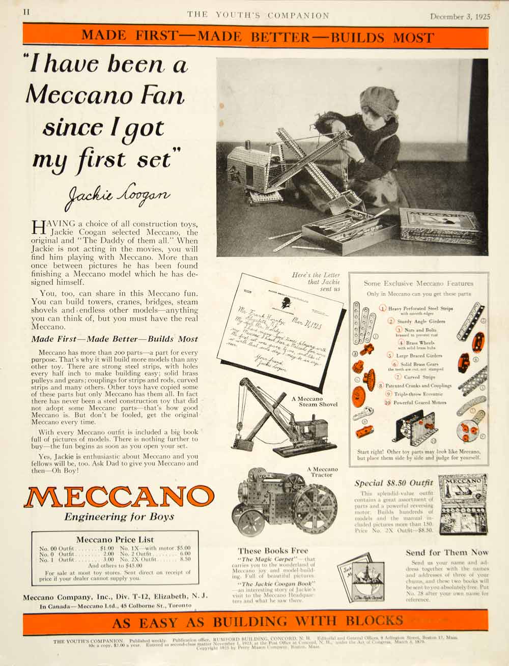 1925 Ad Meccano Children's Kids Toy Set Jackie Coogan Actor Silent Film Era YYC6