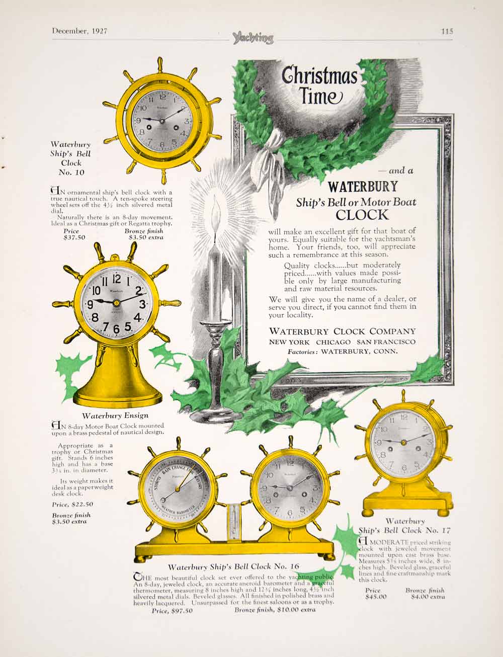 1927 Ad Waterbury Ships Bell Motorboat Clock Timepiece Christmas Holiday YYM1