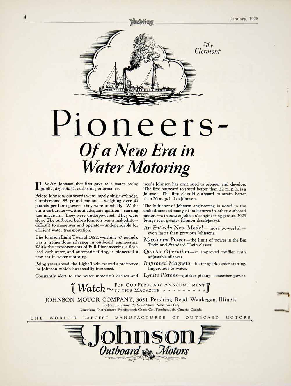 1928 Ad Johnson Outboard Motor Engine Marine Clermont North River Steamboat YYM1