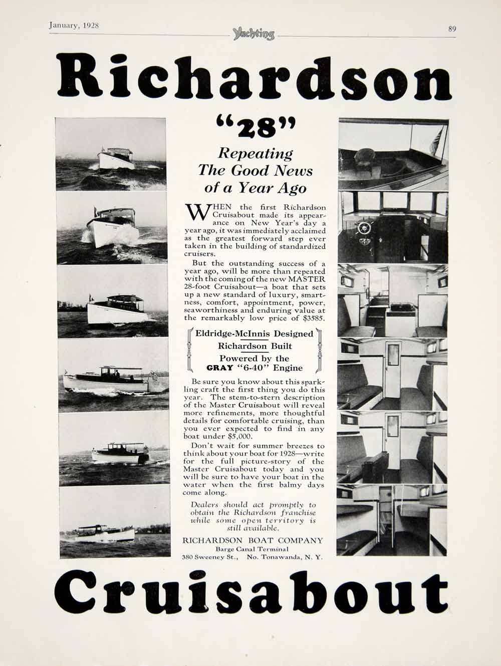 1928 Ad Richardson 28ft Master Cruiseabout Yacht Motorboat Cabin Interior YYM1