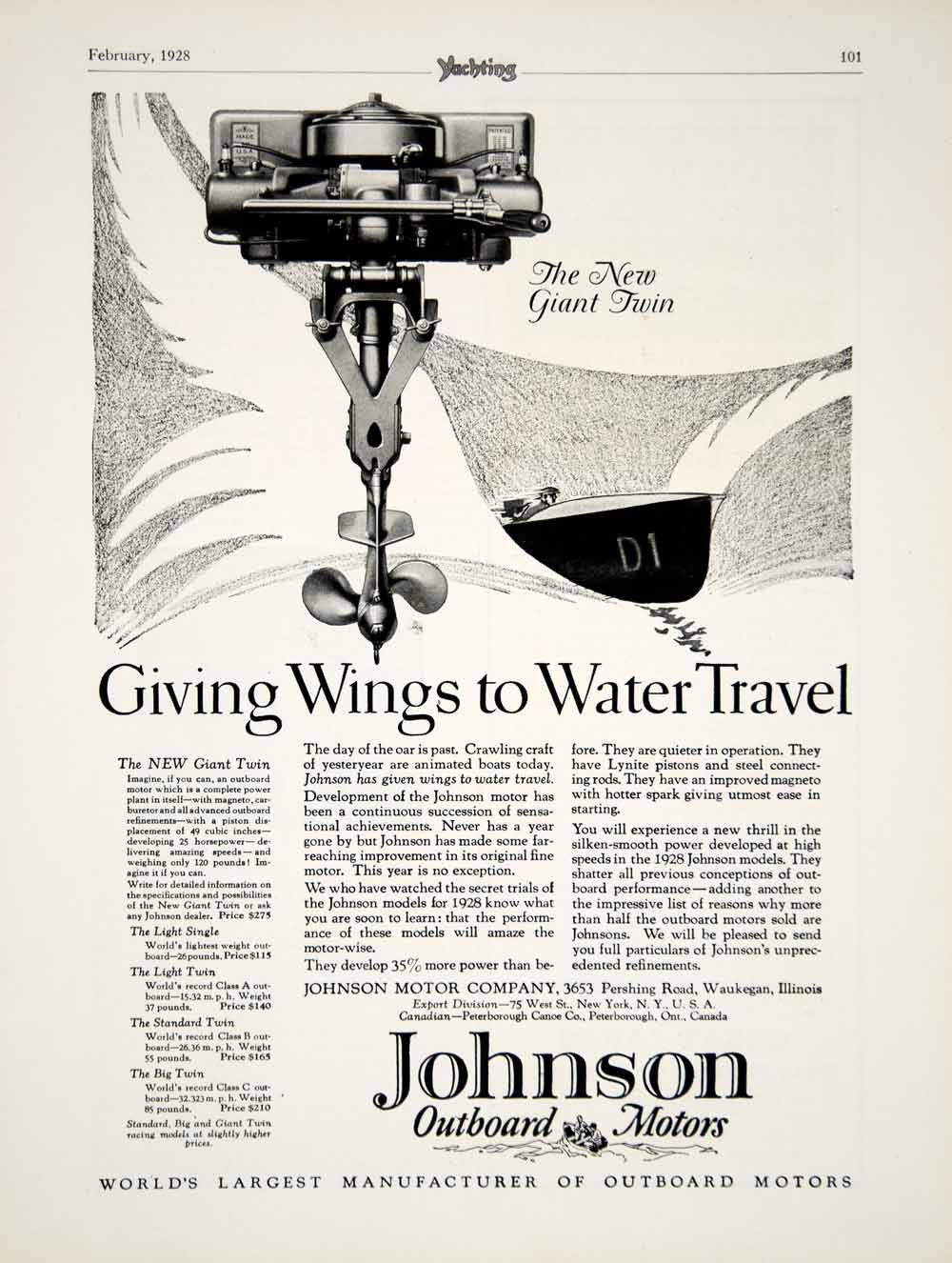 1928 Ad Giant Twin Johnson Outboard Motor Boat Yacht Ship Engine Nautical YYM2