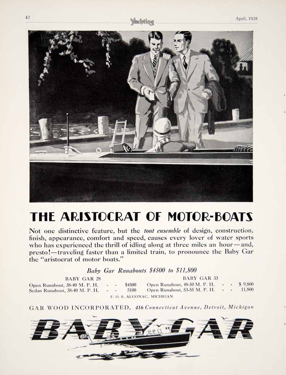 1928 Ad Gar-Wood Baby Gar Open Runabout Motor Speedboat Art Deco Nautical YYM2