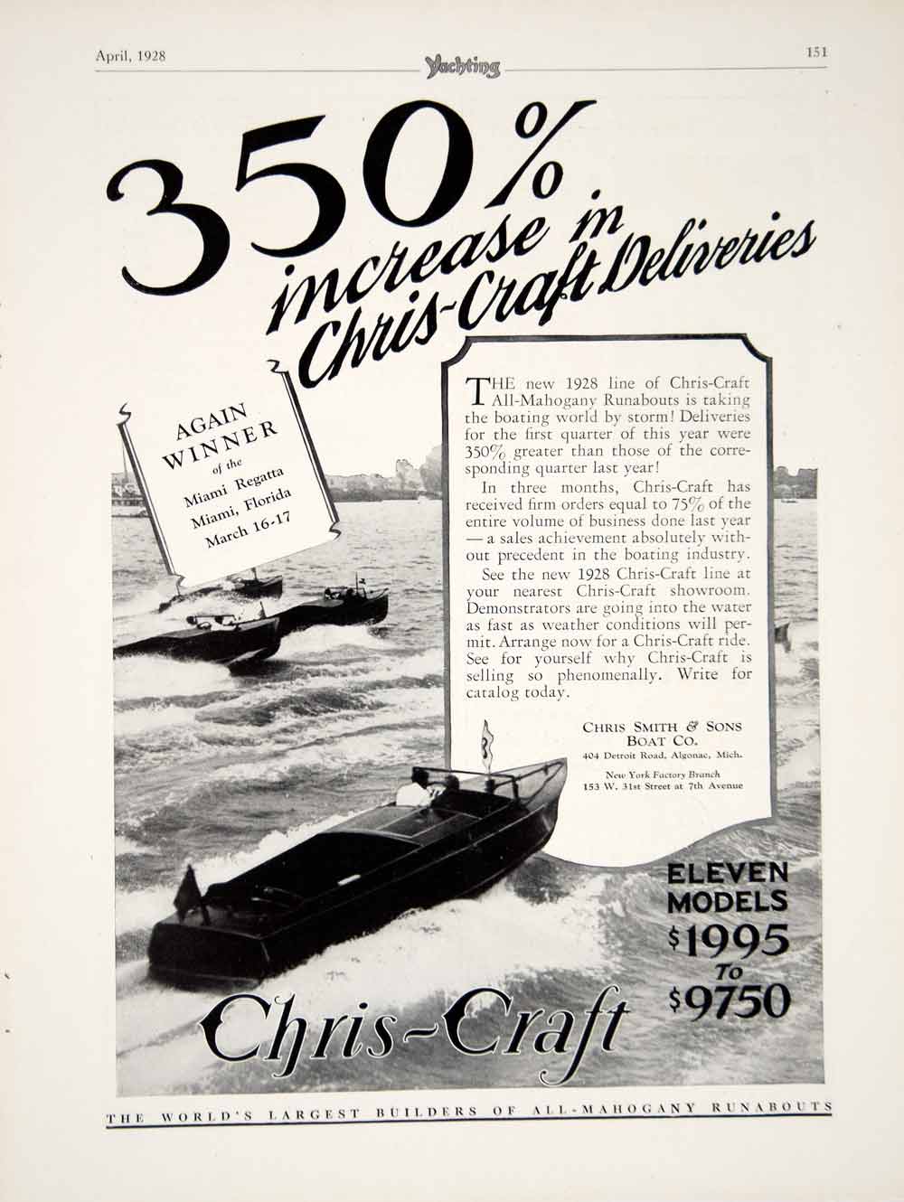 1928 Ad Chris-Craft All-Mahogany Runabout Speedboat Yacht Miami FL Regatta YYM2