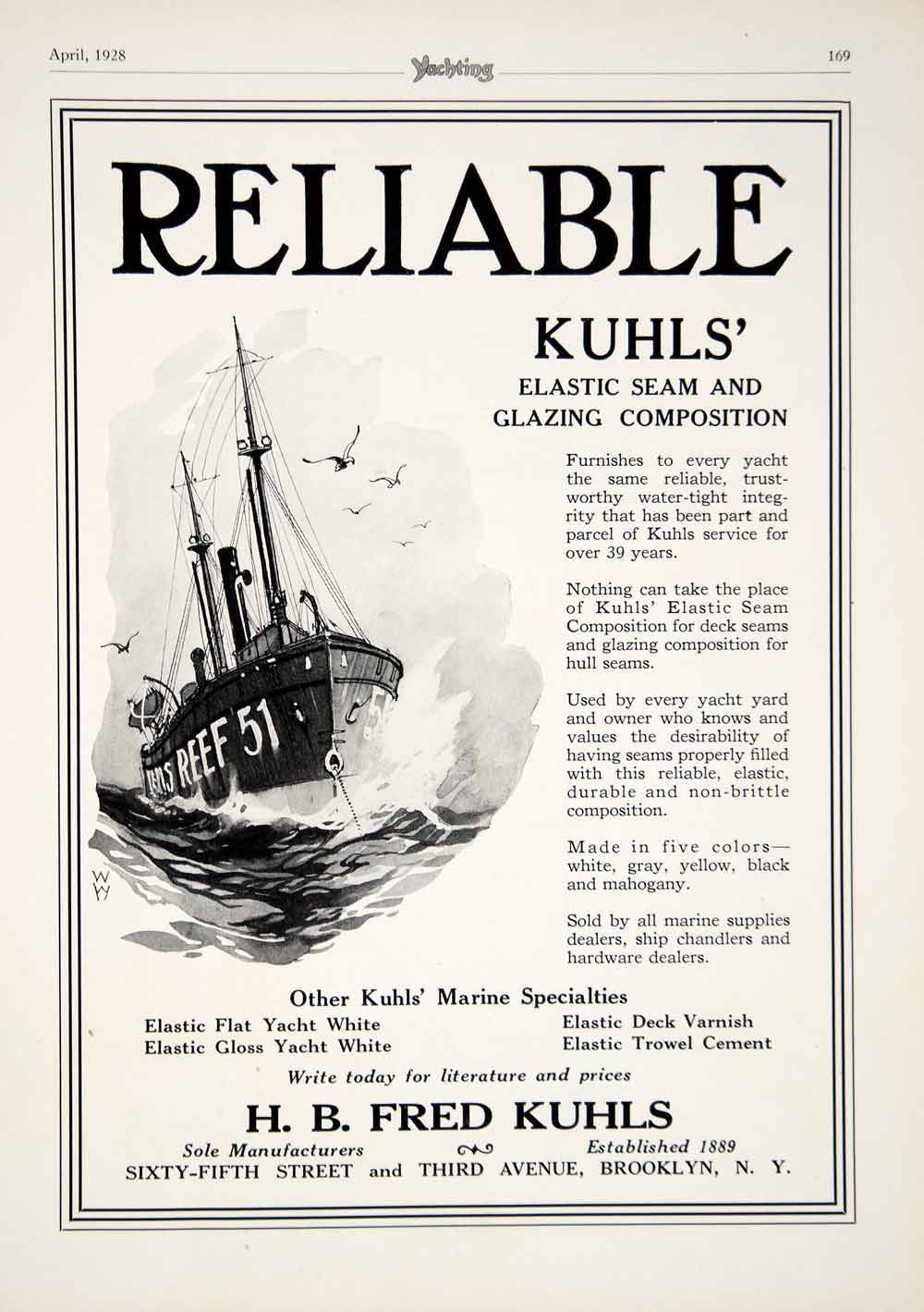 1928 Ad HB Fred Kuhls Elastic Seam Glazing Sailing Ship Yacht Boat Marine YYM2