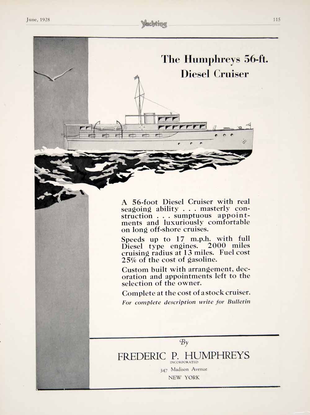 1928 Ad Frederic P Humphreys 56ft Diesel Cruiser Yacht Boat Marine Nautical YYM2