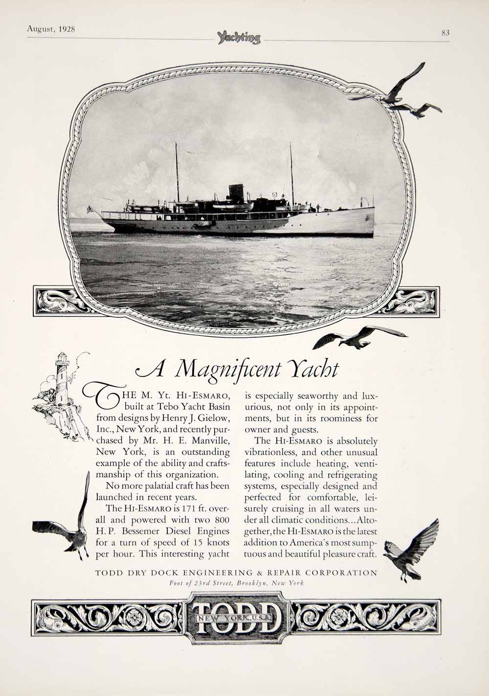 1928 Ad Todd Dry Dock Shipyard MY Hi-Esmaro Yacht USS Niagara Navy Boat Sea YYM2