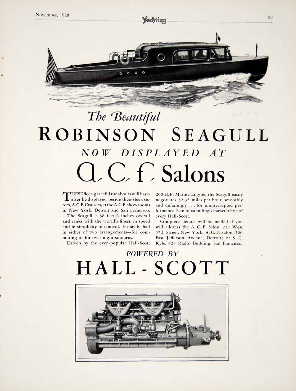 1928 Ad ACF Cruiser Robinson Seagull Runabout Motorboat Hall-Scott Engine YYM2