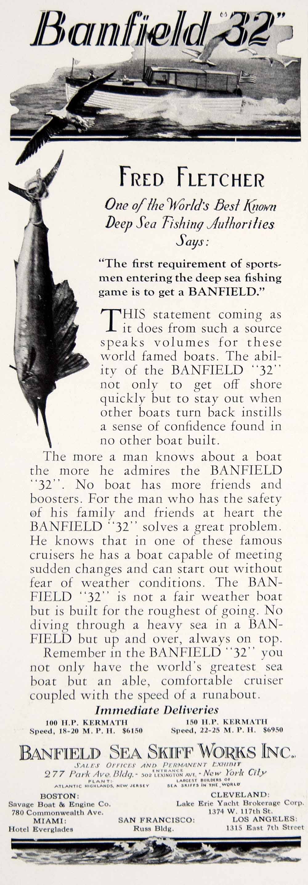 1928 Ad Banfield 32ft Cruiser Yacht Boat Deep Sea Fishing Marlin Sea Skiff YYM2