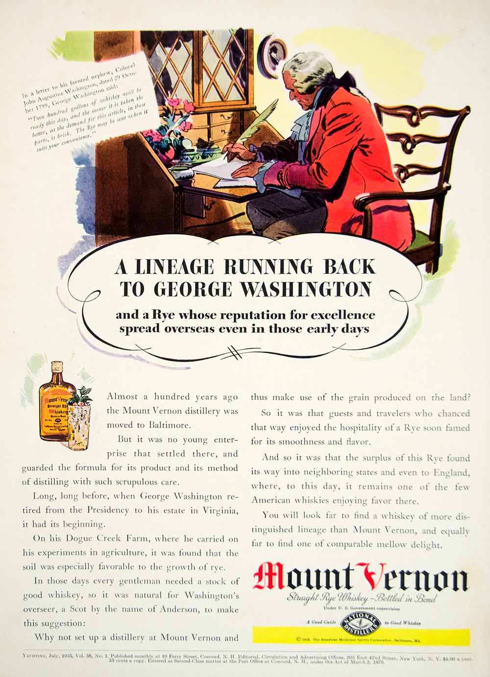 1935 Ad Mount Vernon Straight Rye Whiskey George Washington Writing Desk YYM3