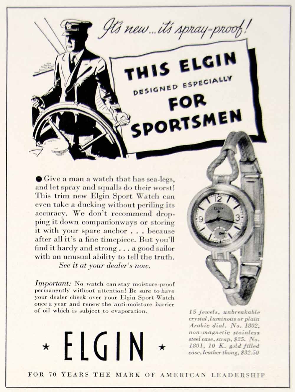 1935 Ad Vintage Elgin Sport Watch Wristwatch Sailor Helm Wheel Sportsmen YYM3
