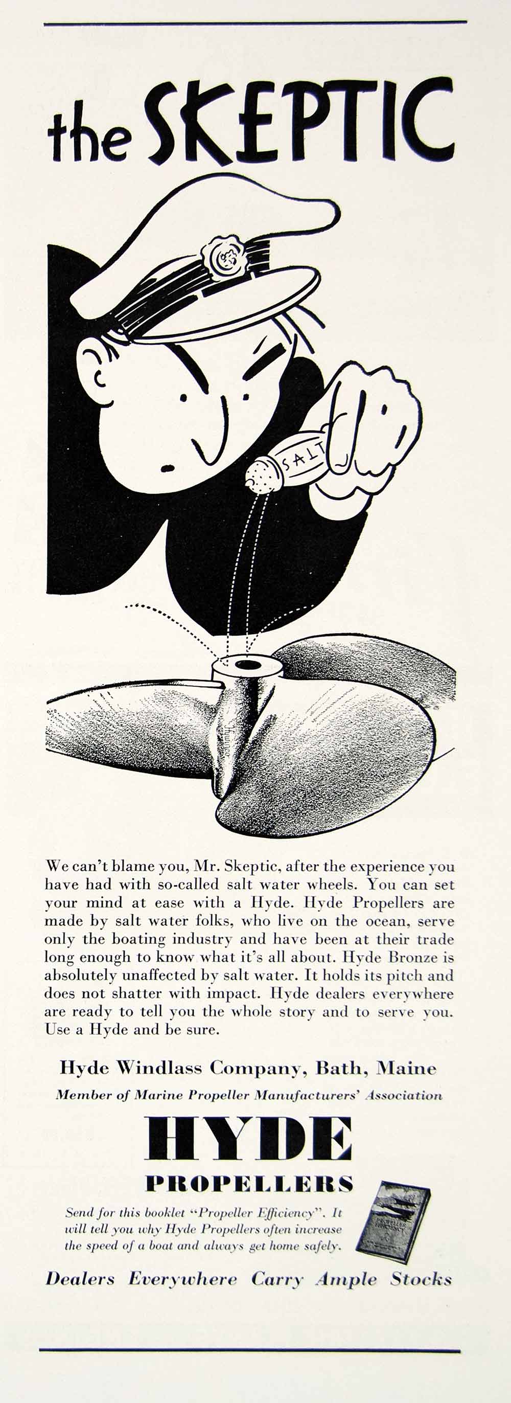 1936 Ad Vintage Propellers Hyde Windlass Company Bath Maine Skeptic Cartoon YYM3