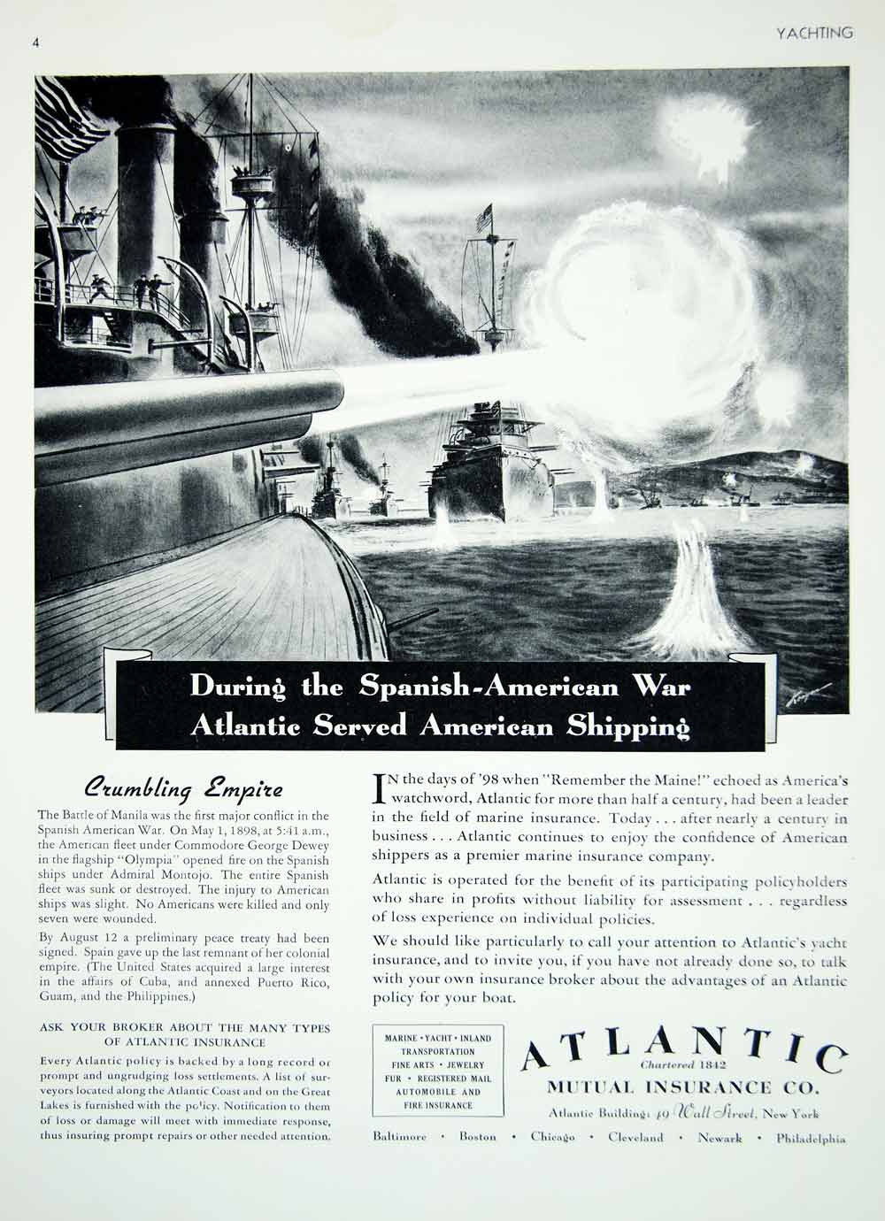 1938 Ad Atlantic Mutual Insurance Spanish American War Ships Battle Manila YYM4