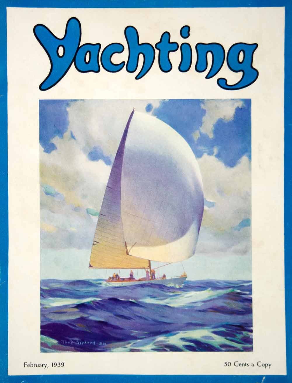 1939 Cover Yachting Magazine February Tore Asplund Art Sailing Boat Nautical Sea