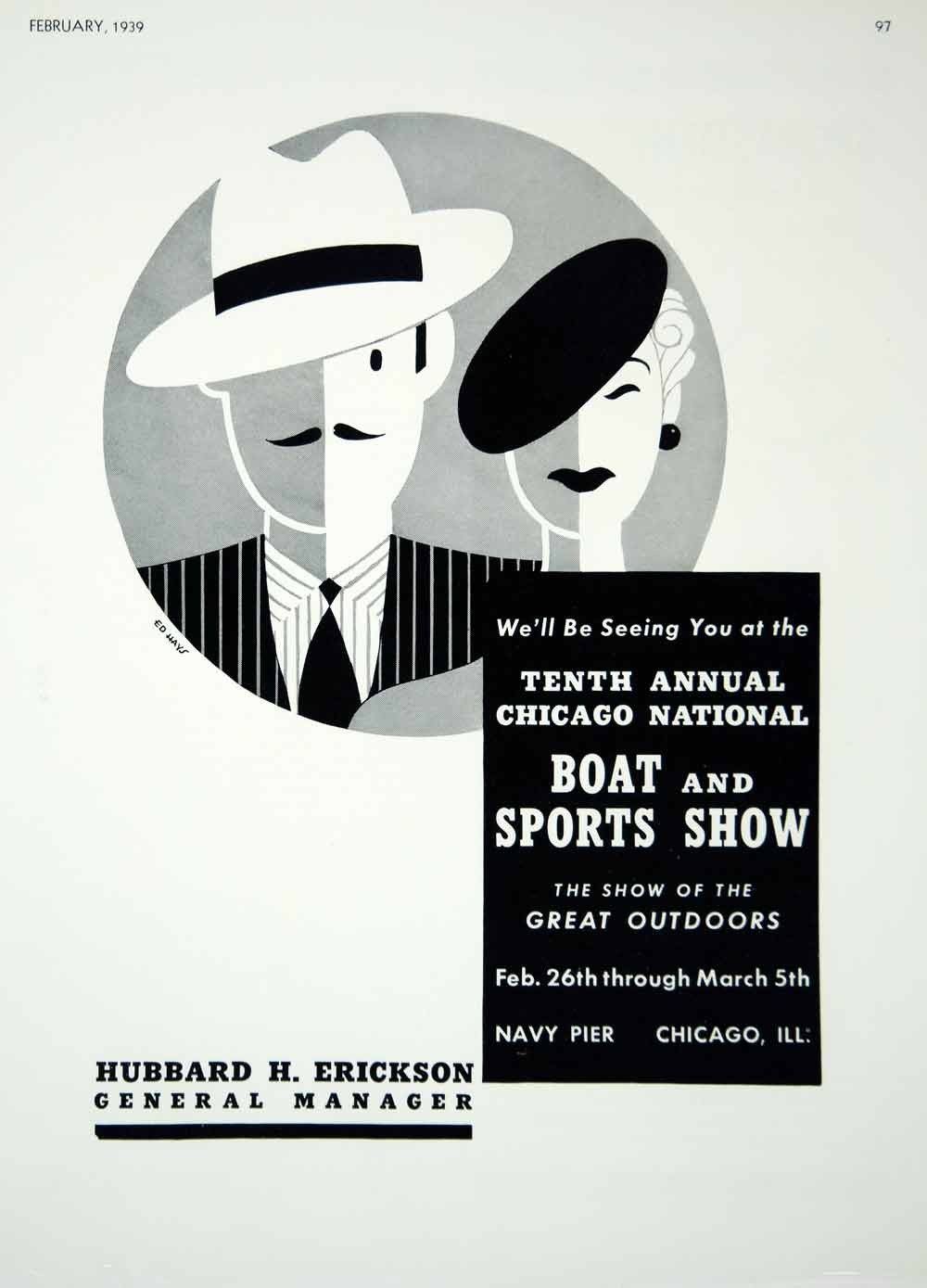 1939 Ad Vintage Art Deco Illustration Ed Hays Chicago National Boat Sports Show