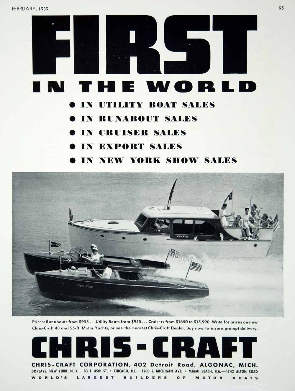 1939 Ad Chris Craft Utility Boats Runabouts Cruisers Motor Yachts Algonac Mich.