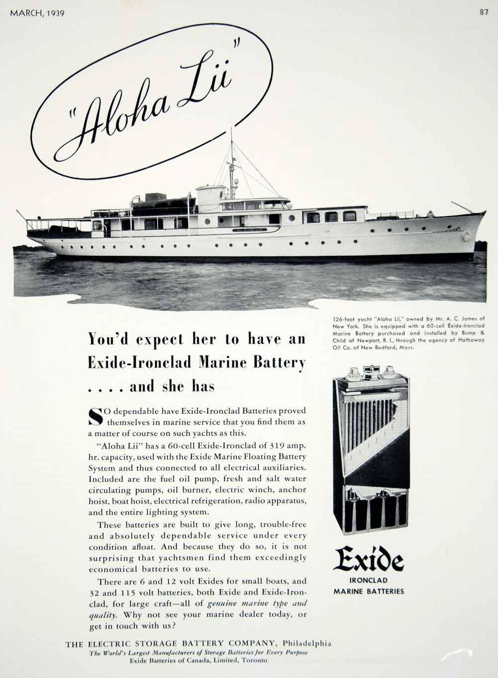 1939 Ad Exide Ironclad Marine Batteries Electric Storage Battery Aloha Lii Yacht