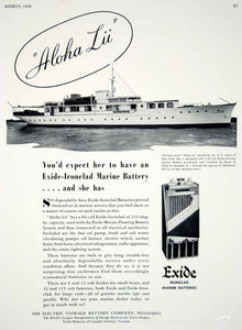 1939 Ad Exide Ironclad Marine Batteries Electric Storage Battery Aloha Lii Yacht