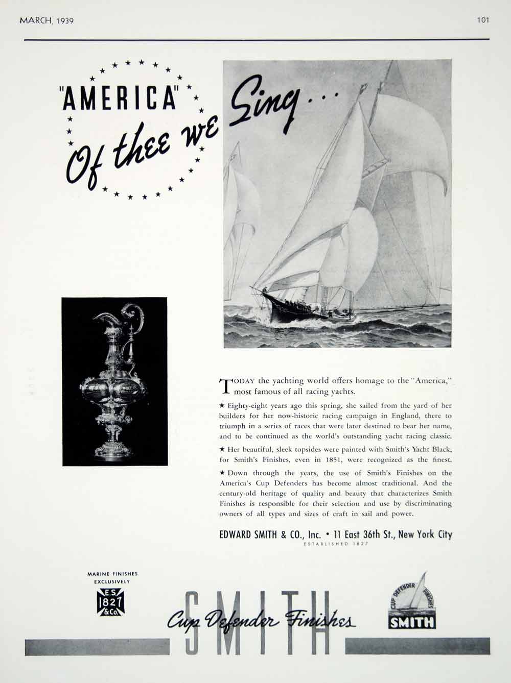 1939 Ad Edward Smith Marine Paint Yacht "America" Yachting Race America's Cup
