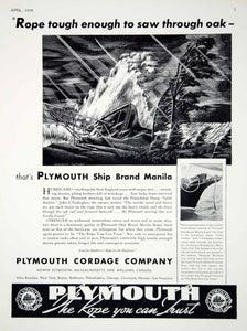 1939 Ad Plymouth Cordage Marine Ship Line Rope Boat Hurricane Merritt Cutler Art