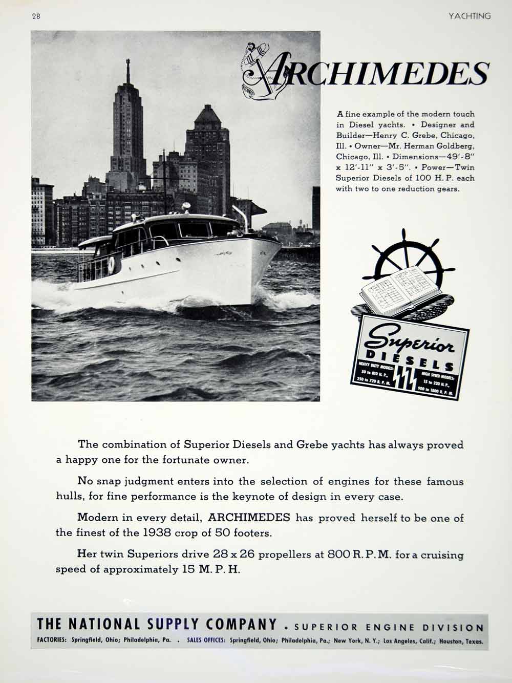 1939 Ad Superior Diesel Engine Motor Yacht Archimedes Herman Goldberg Chicago