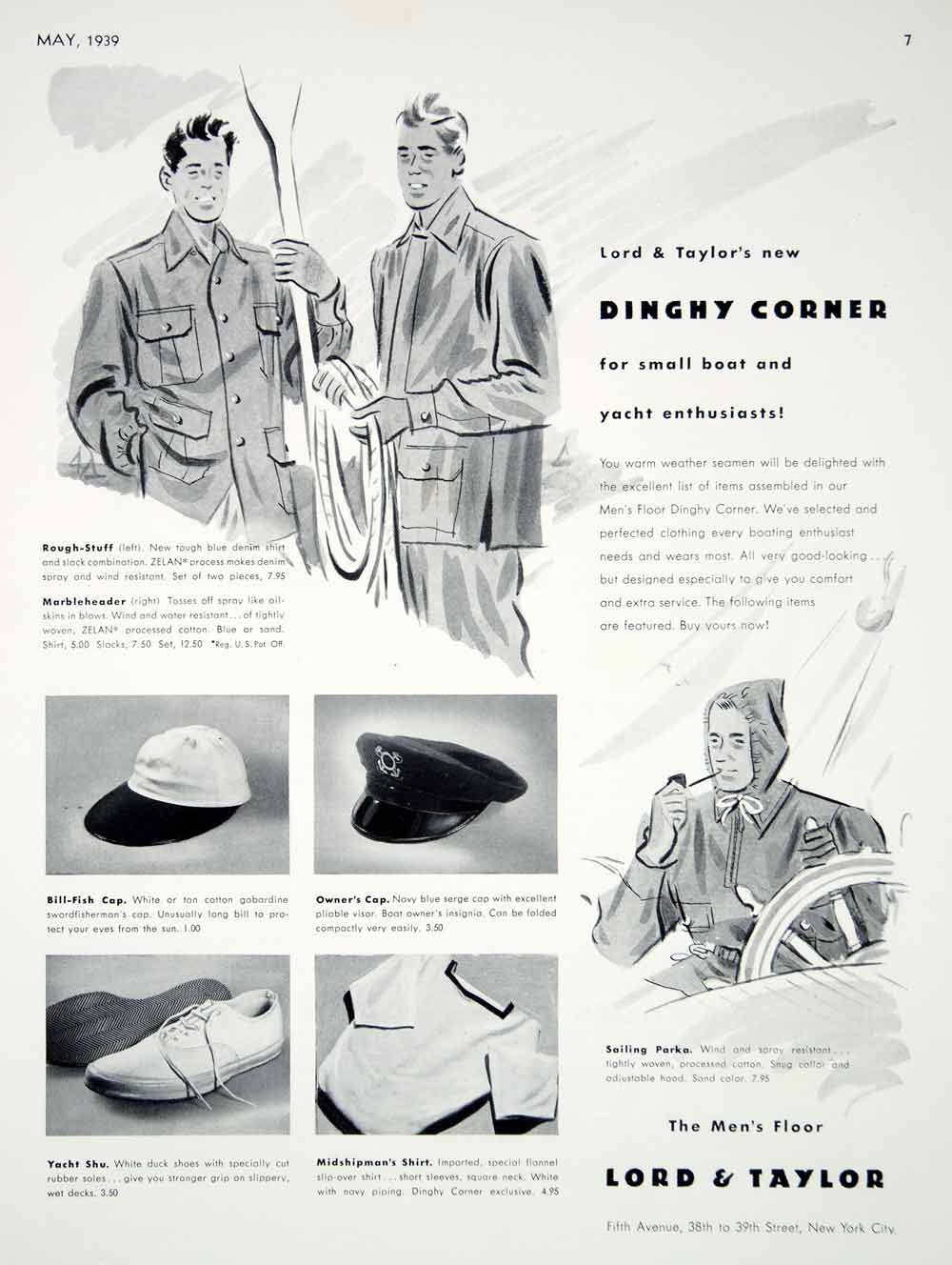 1939 Ad Vintage Lord & Taylor Clothing Yachtsman Seamen Fashion Cap Parka Shoes
