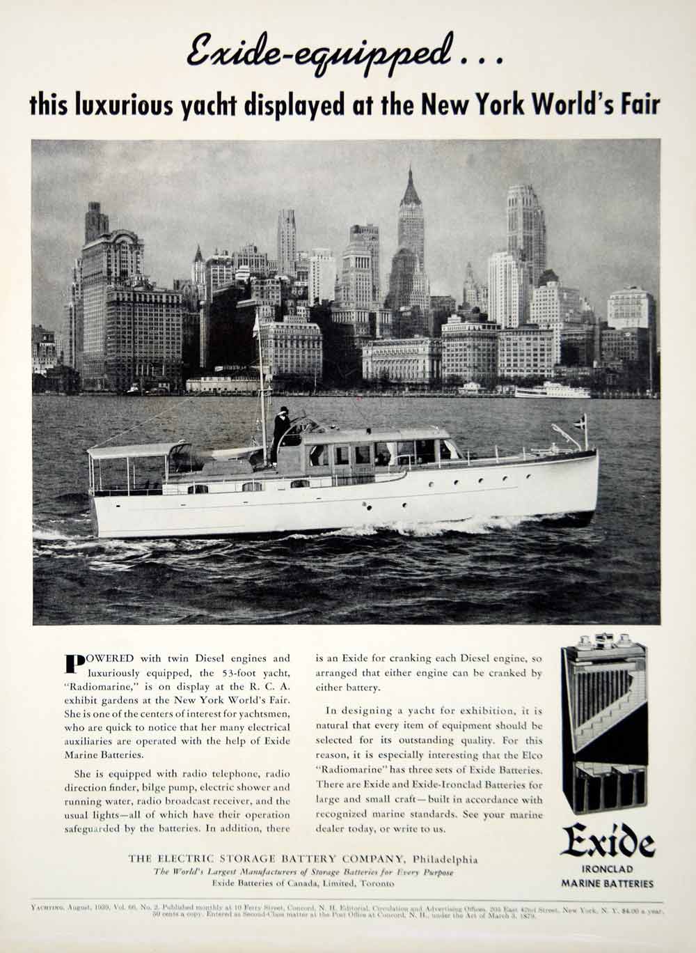 1939 Ad Exide Ironclad Marine Batteries Radiomarine Yacht New York World's Fair