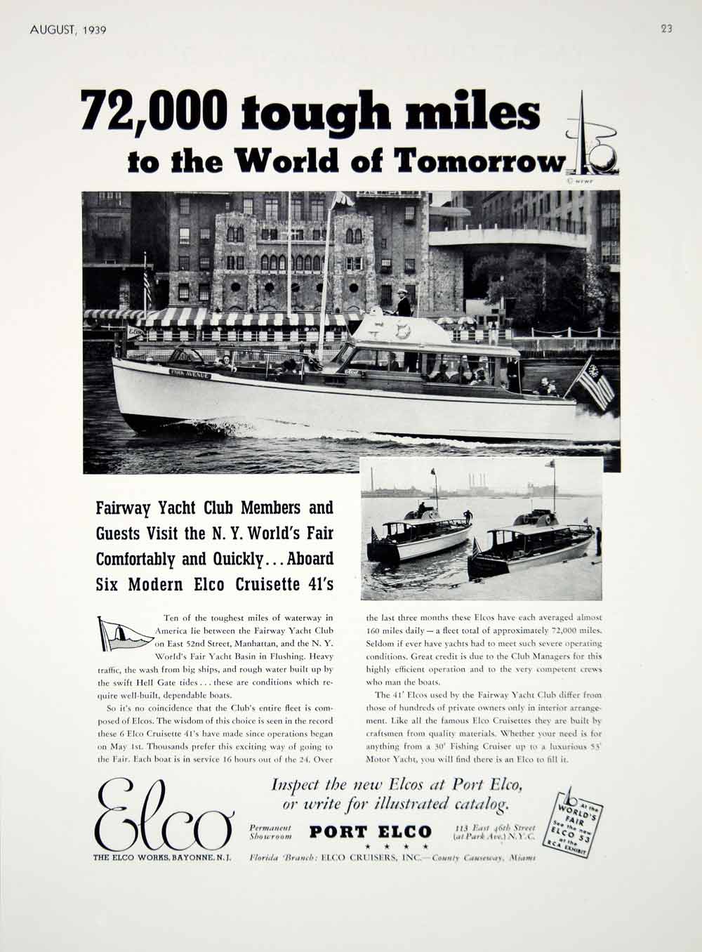 1939 Ad Elco Cruisette 41' Motor Boats Fairway Yacht Club New York World's Fair
