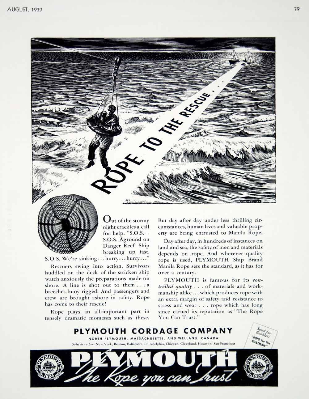 1939 Ad Plymouth Ship Brand Manila Rope Breeches Buoy Sea Rescue Merritt Cutler