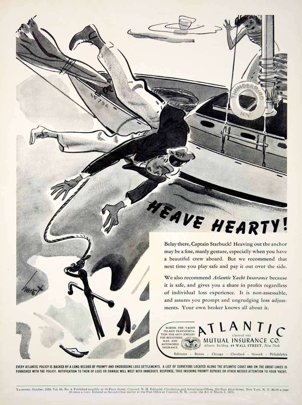 1939 Ad Vintage Atlantic Mutual Insurance Yacht Policy Earl Oliver Hurst Cartoon