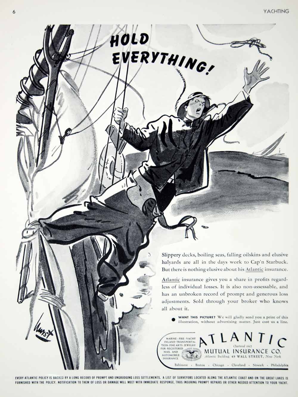 1939 Ad Atlantic Mutual Insurance Yacht Policy Earl Oliver Hurst Cartoon Art
