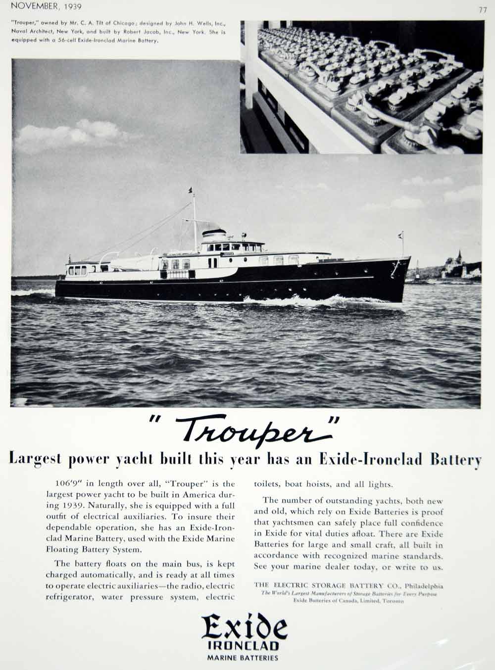1939 Ad Exide Marine Electric Storage Battery Trouper Power Yacht C.A. Tilt Boat