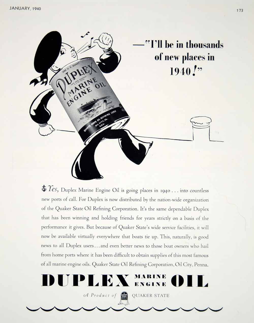 1940 Ad Duplex Marine Engine Oil Quaker State Refining Quart Can Cartoon Art
