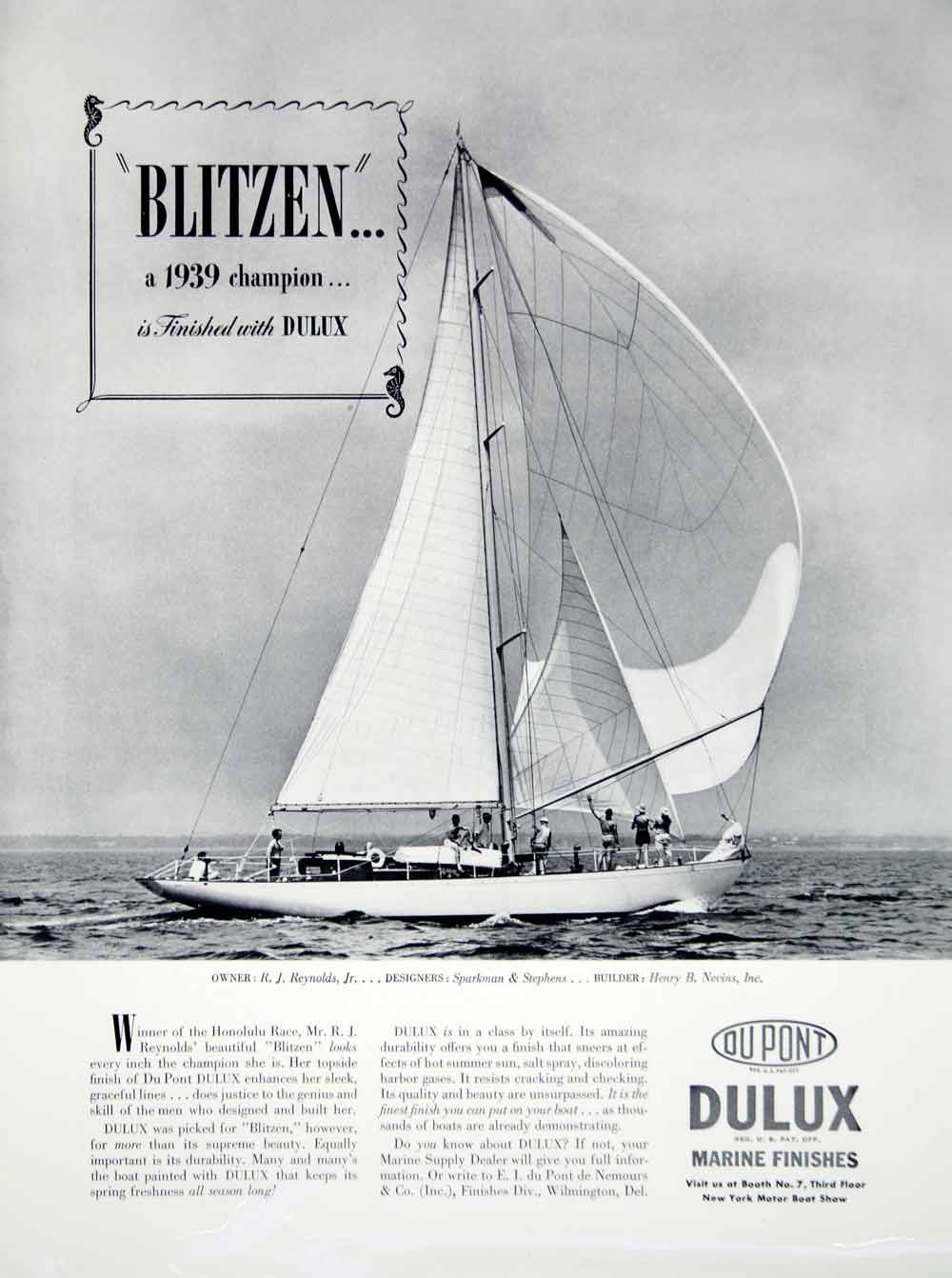 1940 Ad DuPont Dulux Marine Finishes Blitzen Yacht Paint R. J. Reynolds Sailboat