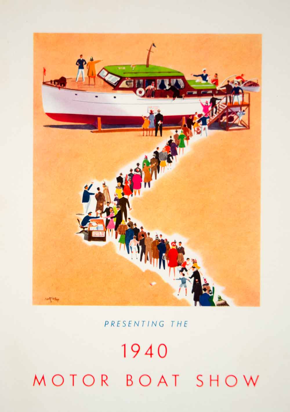 1940 Ad Vintage Motor Boat Show Promotion Rolf Klep Cartoon Art Yacht Boating