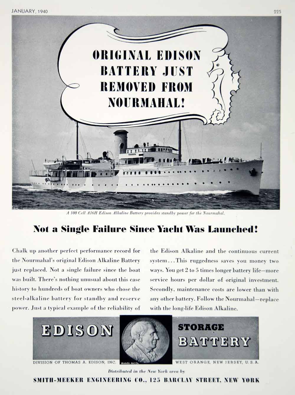 1940 Ad Vintage Edison Alkaline Battery Nourmahal Famous Yacht